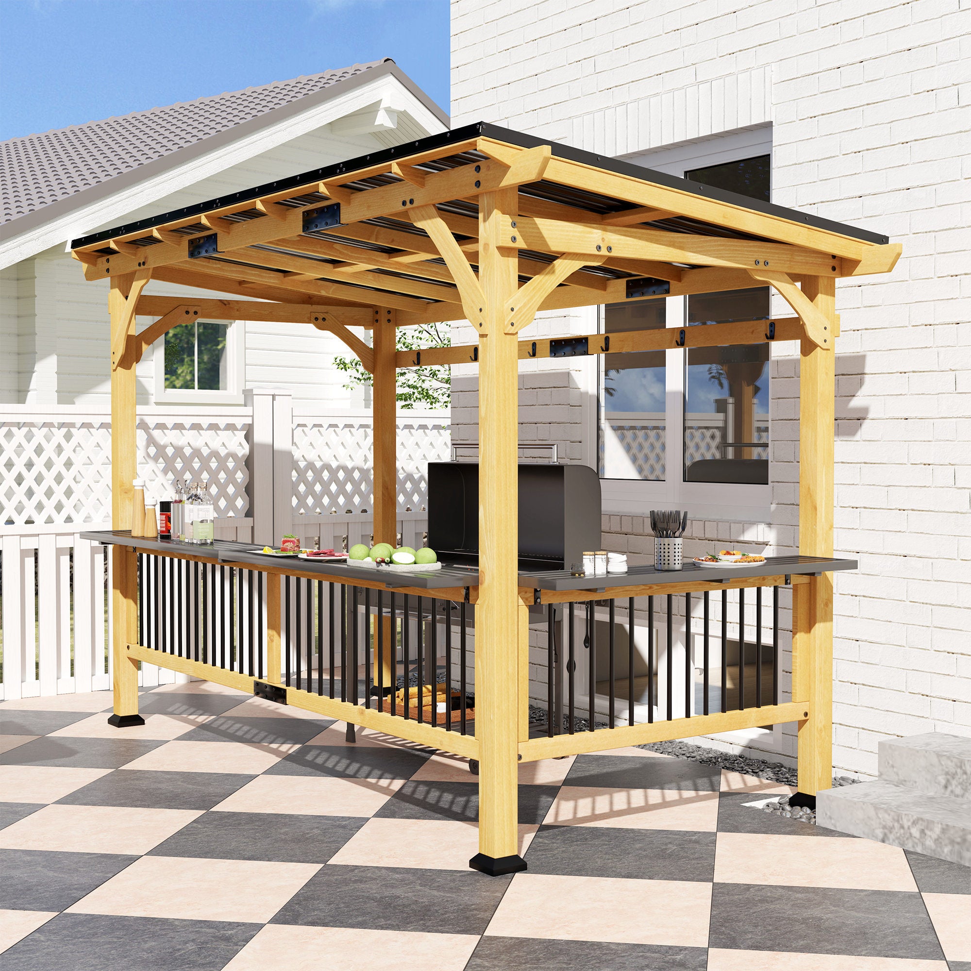 13' x 6' Wooden BBQ Grill Gazebo, Outdoor Hardtop Grill Gazebo with Metal Roof, 2 Bar Shelves and 6 Hooks, Natural empower