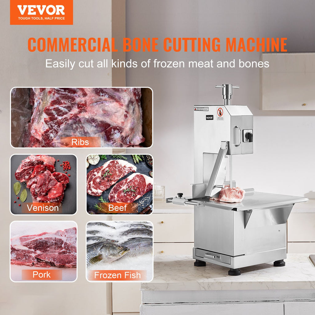 Commercial Electric Meat Bandsaw, 2200W Stainless Steel Countertop Bone Sawing Machine, Workbeach 18.5" X 20.9", 0-7.1 Inch Cutting Thickness, Frozen Meat Cutter With 6 Blades For Rib Pork Beef