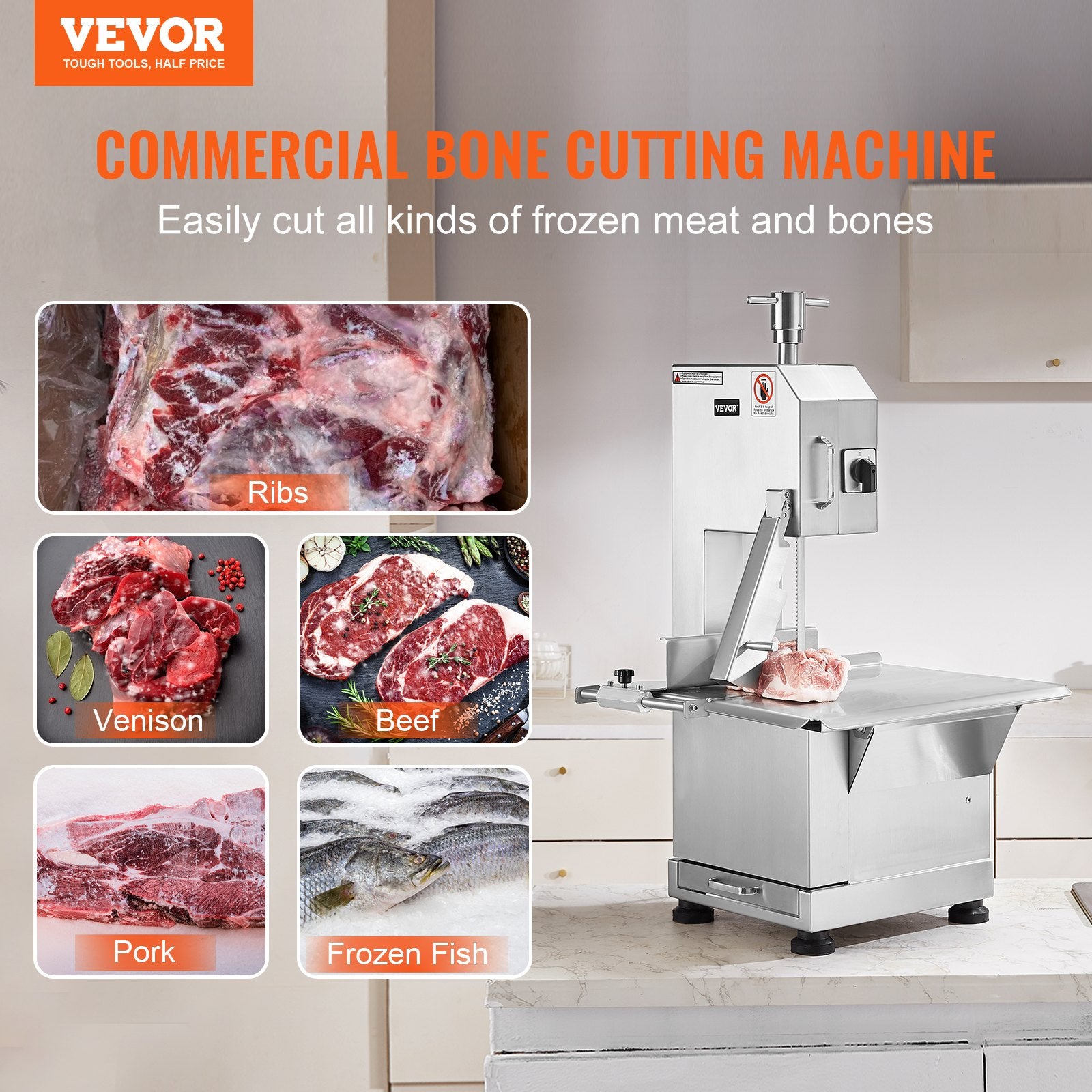 Commercial Electric Meat Bandsaw, 2200W Stainless Steel Countertop Bone Sawing Machine, Workbeach 18.5" X 20.9", 0-7.1 Inch Cutting Thickness, Frozen Meat Cutter With 6 Blades For Rib Pork Beef