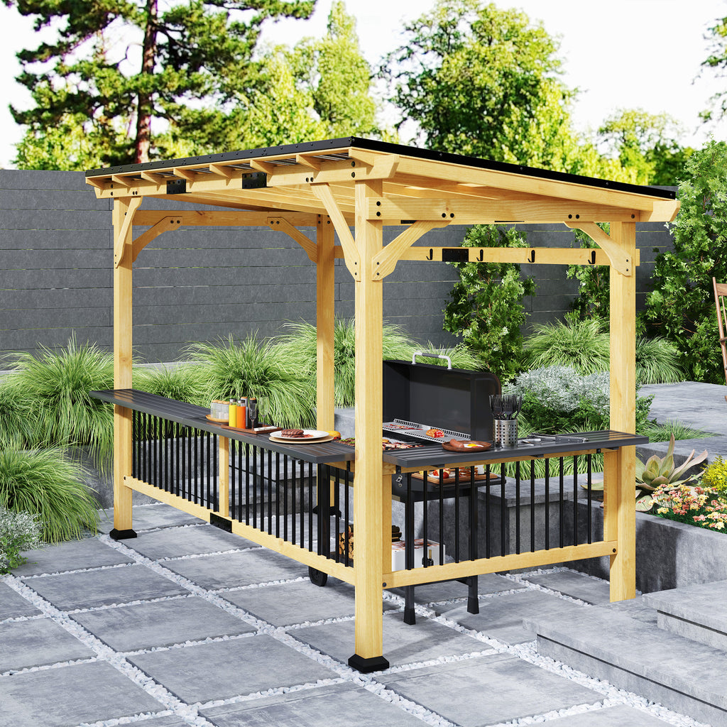 13' x 6' Wooden BBQ Grill Gazebo, Outdoor Hardtop Grill Gazebo with Metal Roof, 2 Bar Shelves and 6 Hooks, Natural empower
