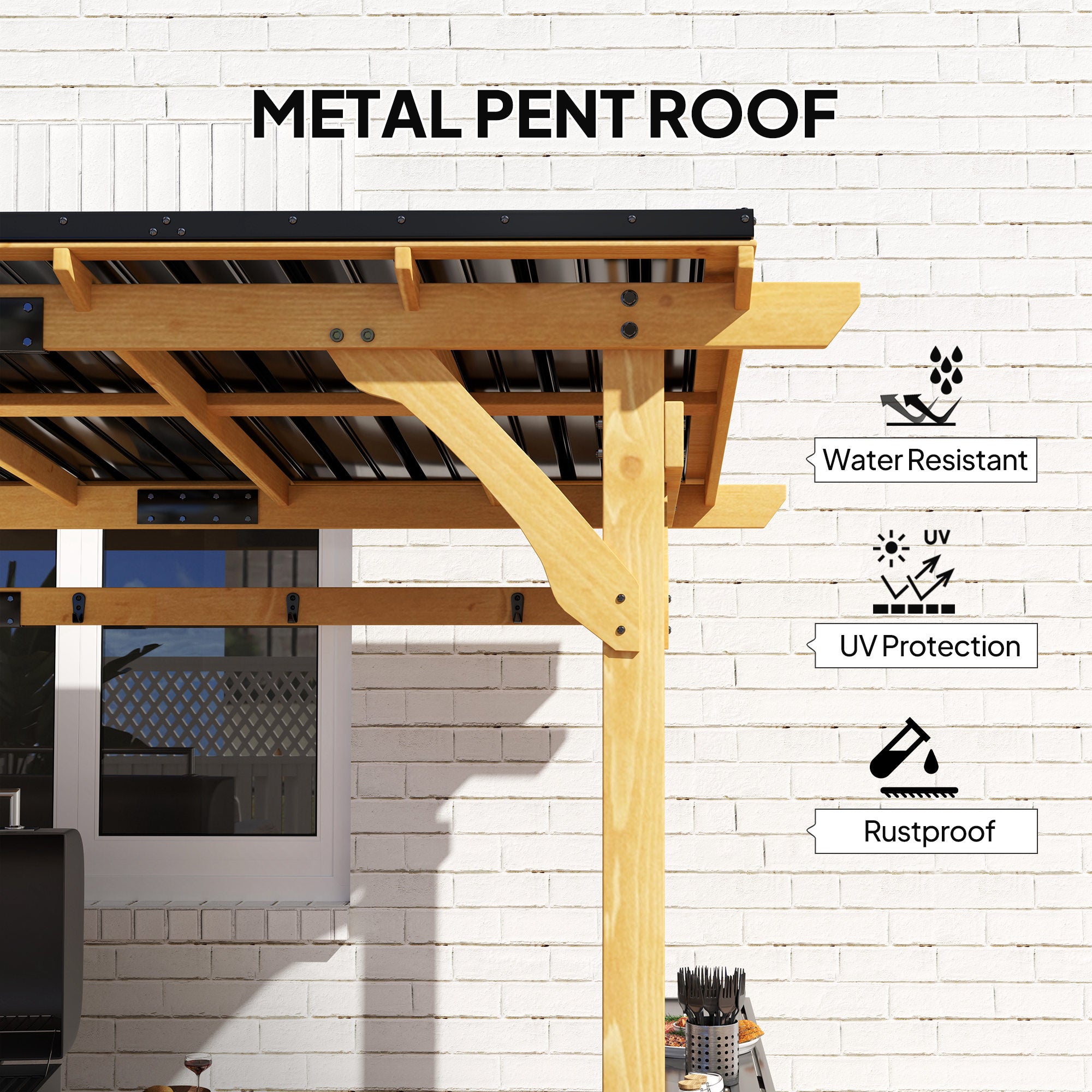 13' x 6' Wooden BBQ Grill Gazebo, Outdoor Hardtop Grill Gazebo with Metal Roof, 2 Bar Shelves and 6 Hooks, Natural empower