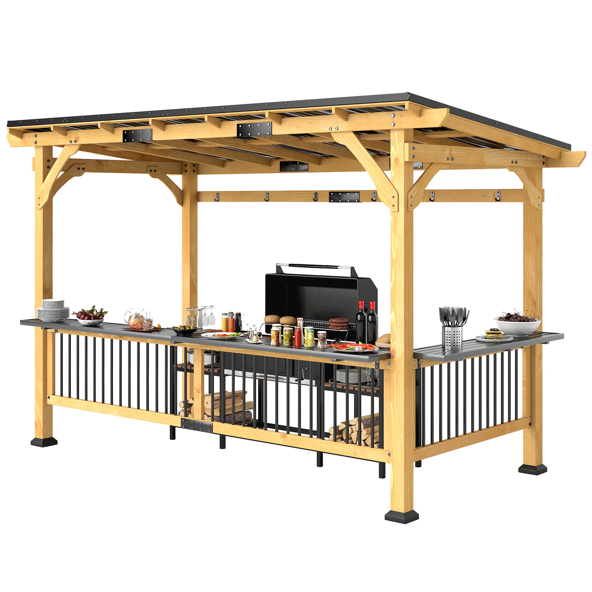 13' x 6' Wooden BBQ Grill Gazebo, Outdoor Hardtop Grill Gazebo with Metal Roof, 2 Bar Shelves and 6 Hooks, Natural empower
