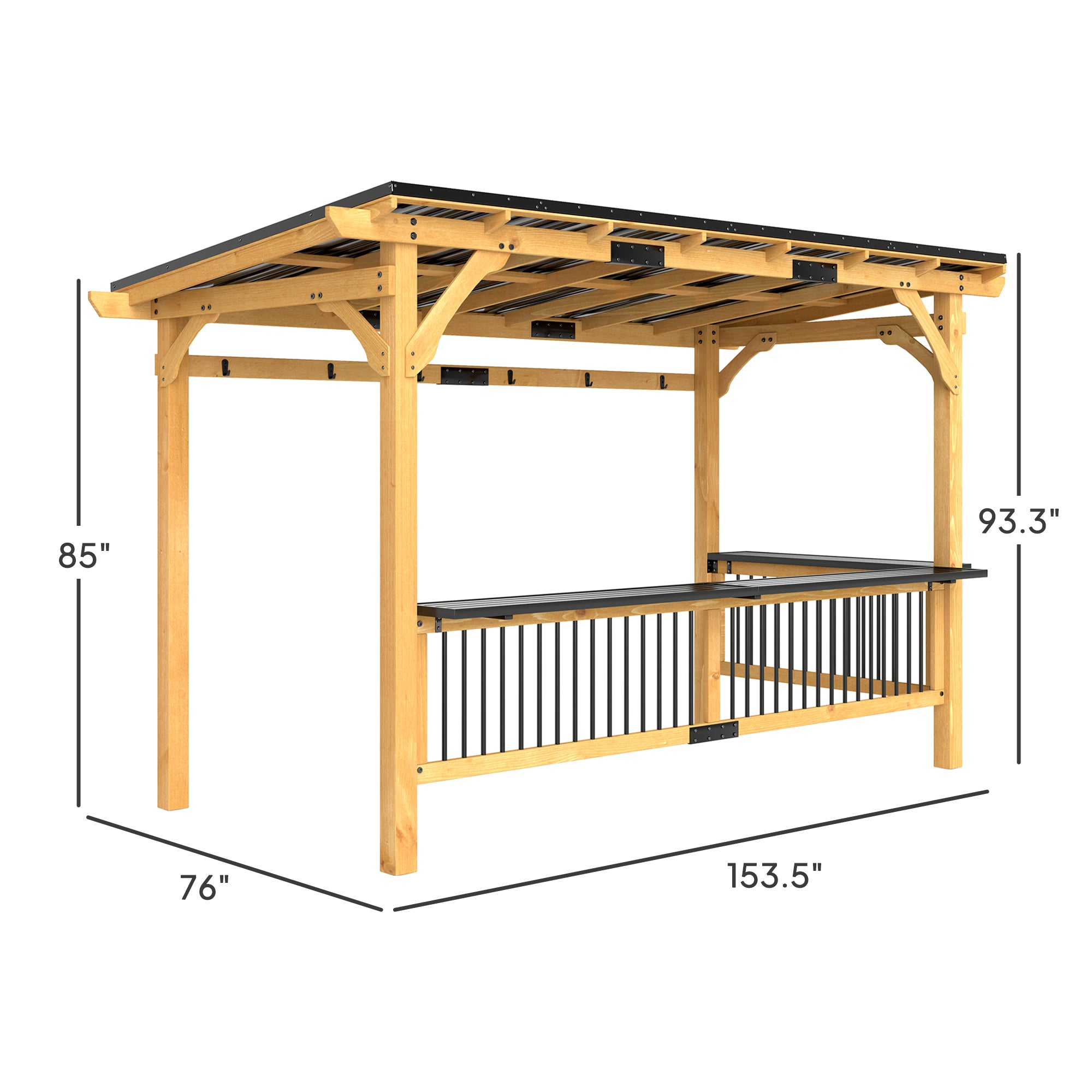 13' x 6' Wooden BBQ Grill Gazebo, Outdoor Hardtop Grill Gazebo with Metal Roof, 2 Bar Shelves and 6 Hooks, Natural empower