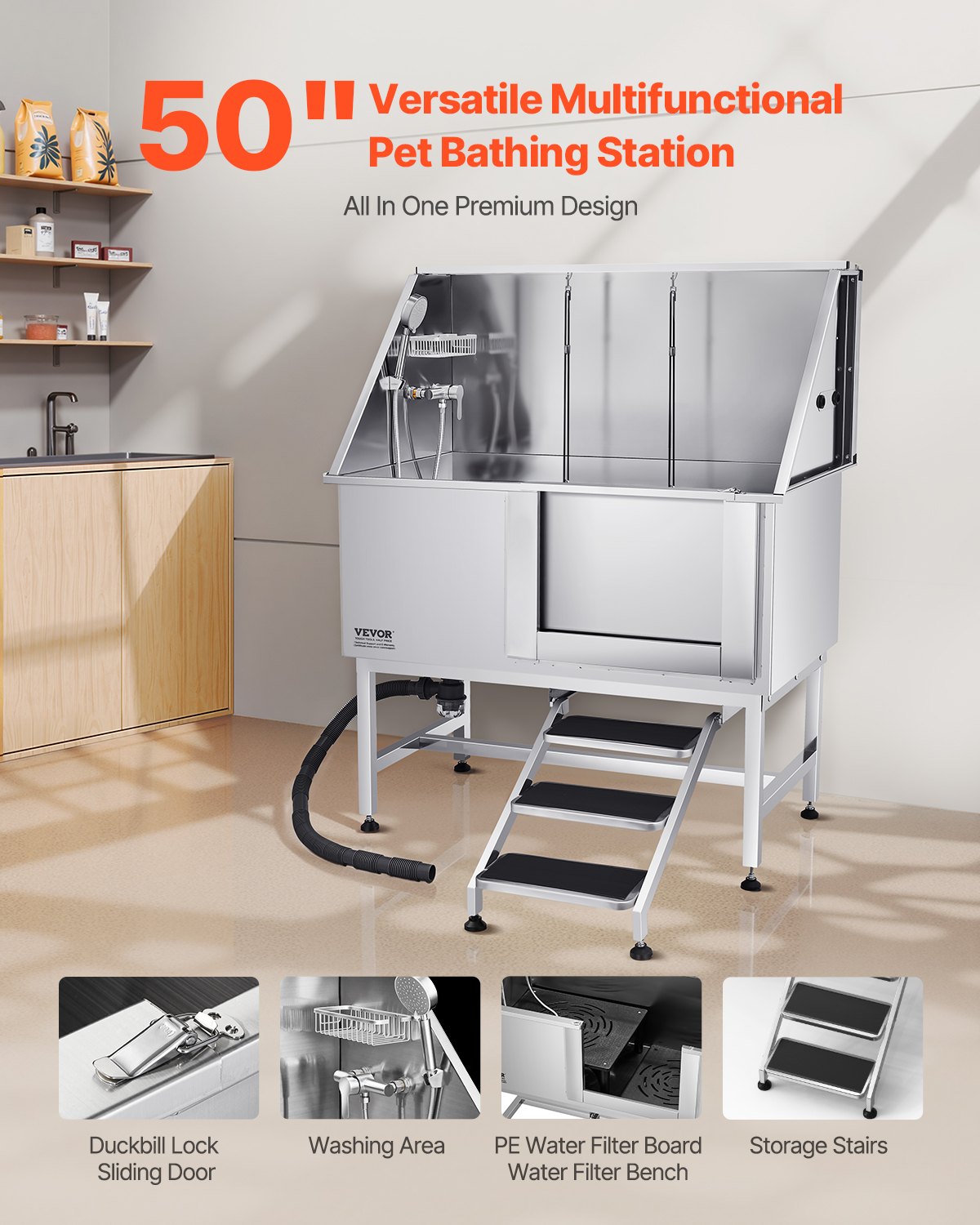 Stainless Steel Dog Washing Station 50 Inch Pet Grooming Tub With Low-Slope Non-Slip Stairs, Hot & Cold Faucet, Showerhead, Home Wash Sink, Fits Medium And Large Pets (Right Door)